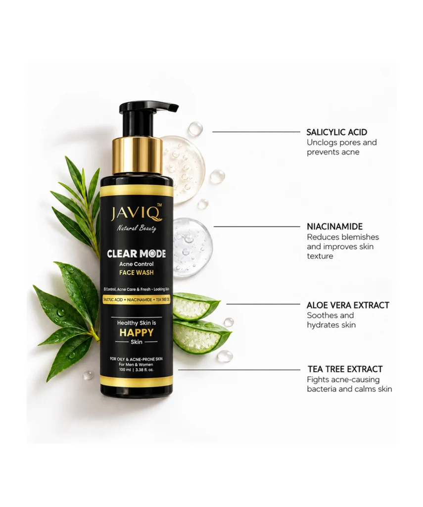 JAVIQ Clear Mode Acne Control Face Wash bottle with tea tree leaves, aloe vera and gel drops, labelled Salicylic Acid, Niacinamide, Aloe Vera Extract and Tea Tree Extract