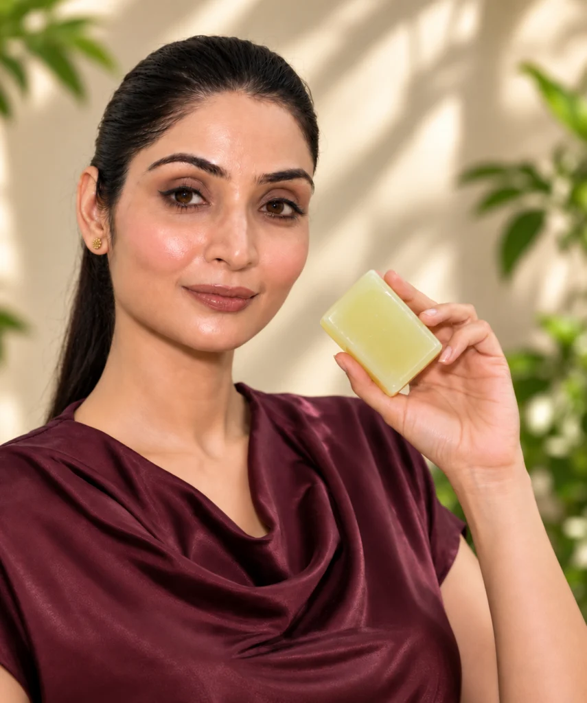 Woman in a maroon top holding a pale golden JAVIQ Sandal Handcrafted Soap bar