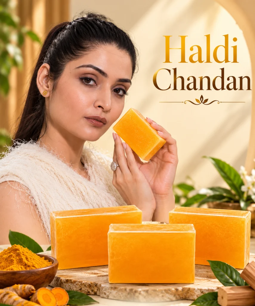 Woman holding a JAVIQ Haldi Chandan handcrafted soap bar, with more bars, turmeric and sandalwood in front