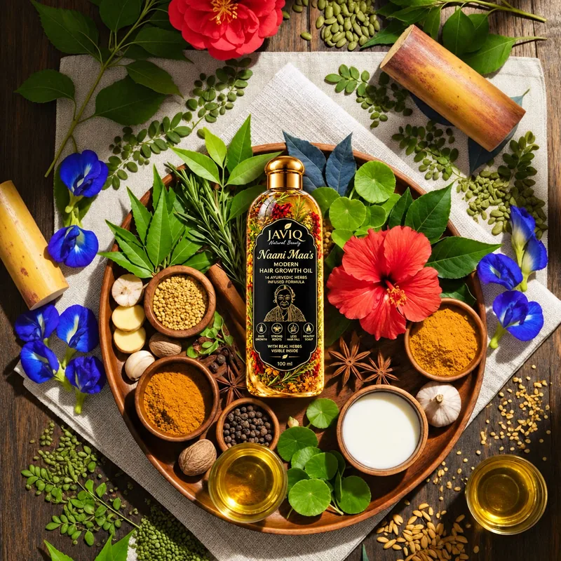JAVIQ Naani Maa hair oil among Ayurvedic herbs and spices