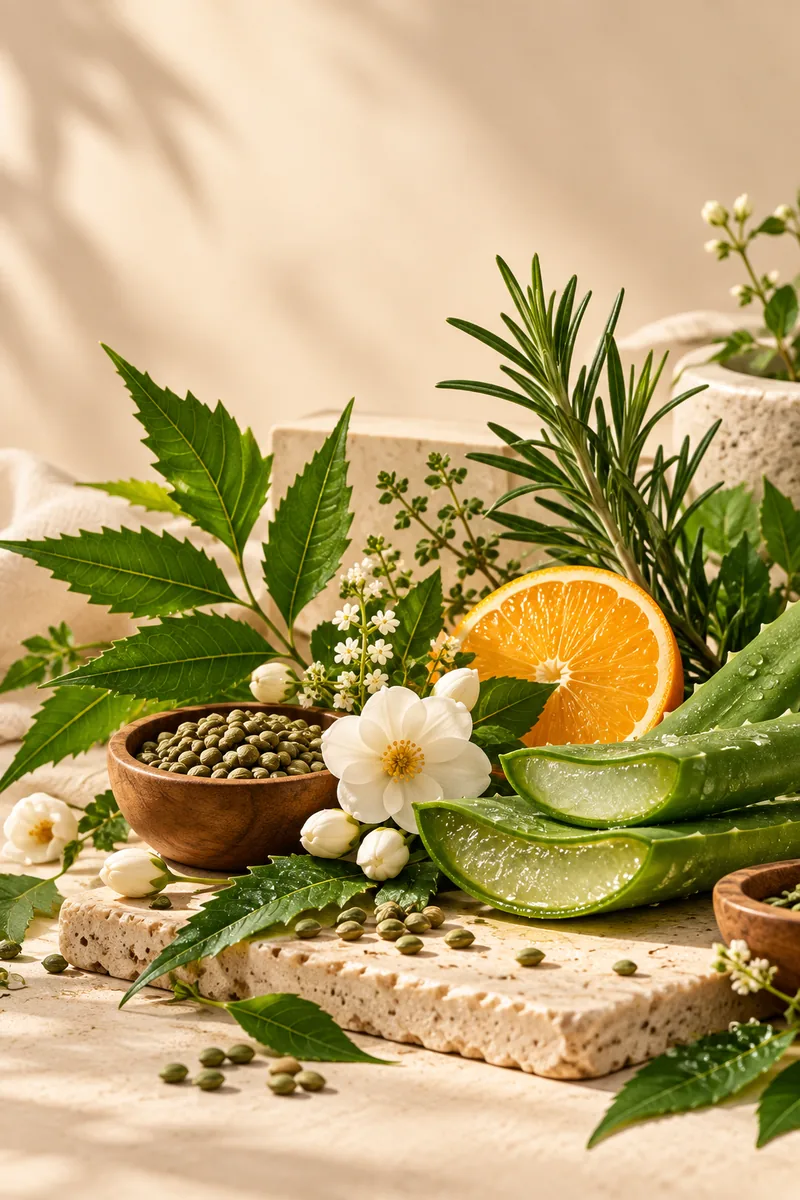 Botanical ingredients: neem, rosemary, orange, aloe vera and jasmine
