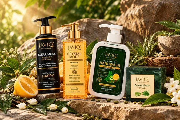 JAVIQ face washes, handwash and soap on a rock