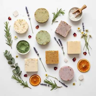 Handcrafted soaps with herbs and dried citrus