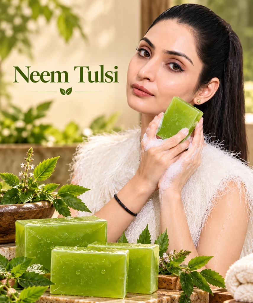 Woman lathering a green JAVIQ Neem Tulsi Handcrafted Soap bar against her cheek, with neem and tulsi leaves