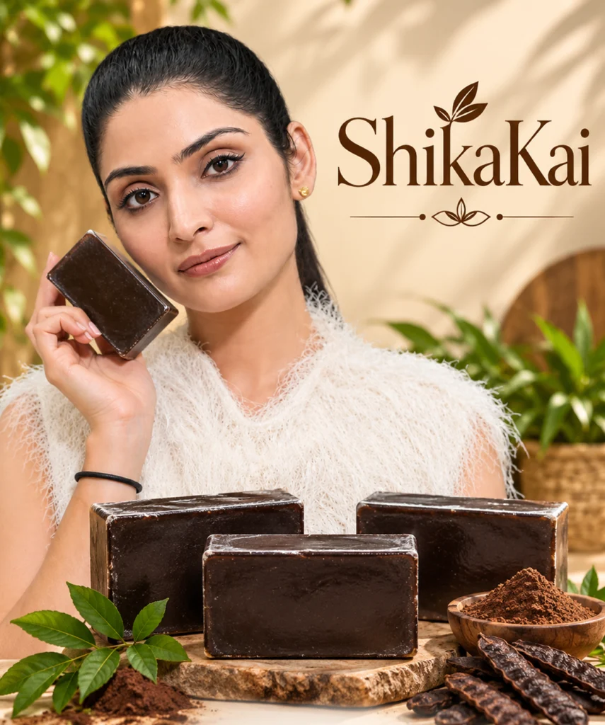 Woman holding a dark brown JAVIQ Shikakai Handcrafted Soap bar beside three bars, shikakai pods and powder