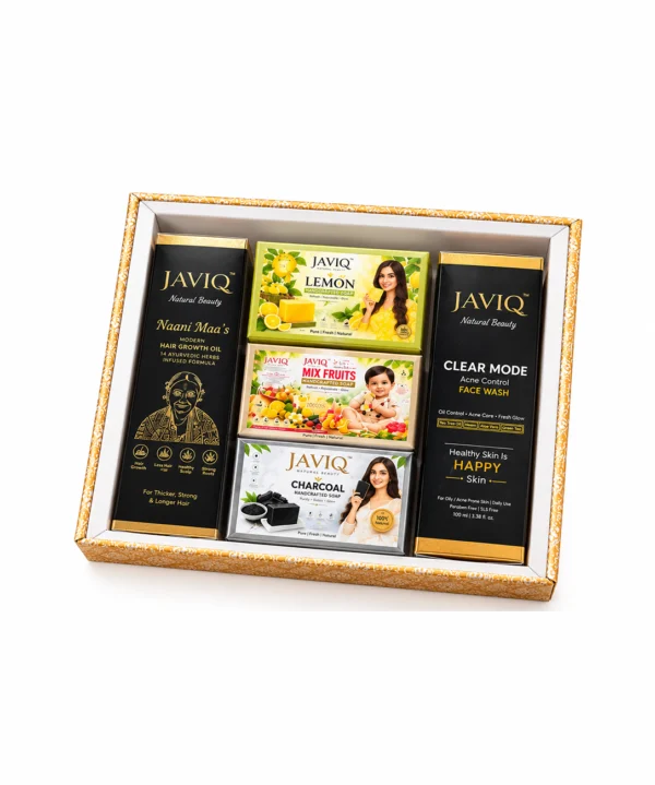 JAVIQ 5-product box with Naani Maa’s Hair Growth Oil, Clear Mode Face Wash and Lemon, Mix Fruits and Charcoal handcrafted soaps