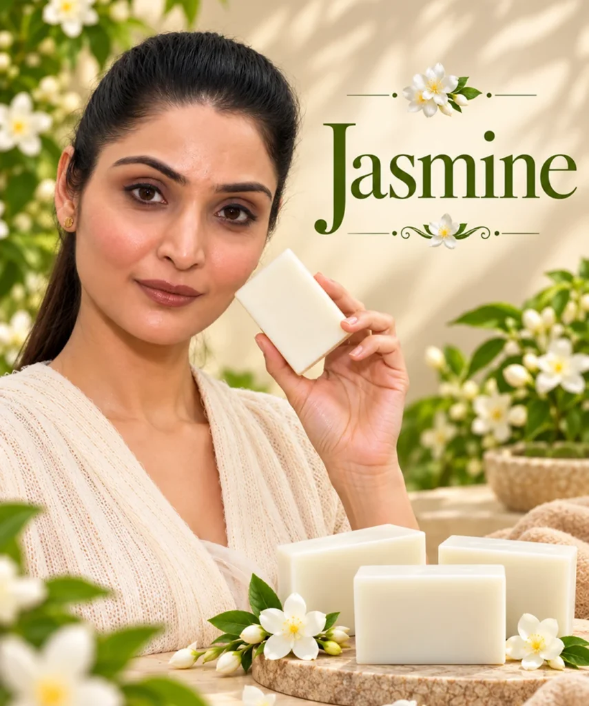 Woman holding a white JAVIQ Jasmine Handcrafted Soap bar beside jasmine flowers