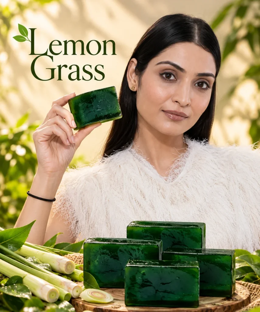 Woman holding a green JAVIQ Lemongrass Handcrafted Soap bar beside fresh lemongrass stalks
