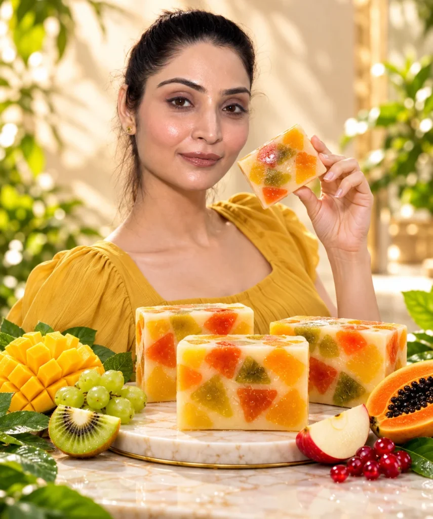 Woman holding a JAVIQ Mix Fruits Handmade Soap bar with mango, kiwi, grapes and papaya on the table