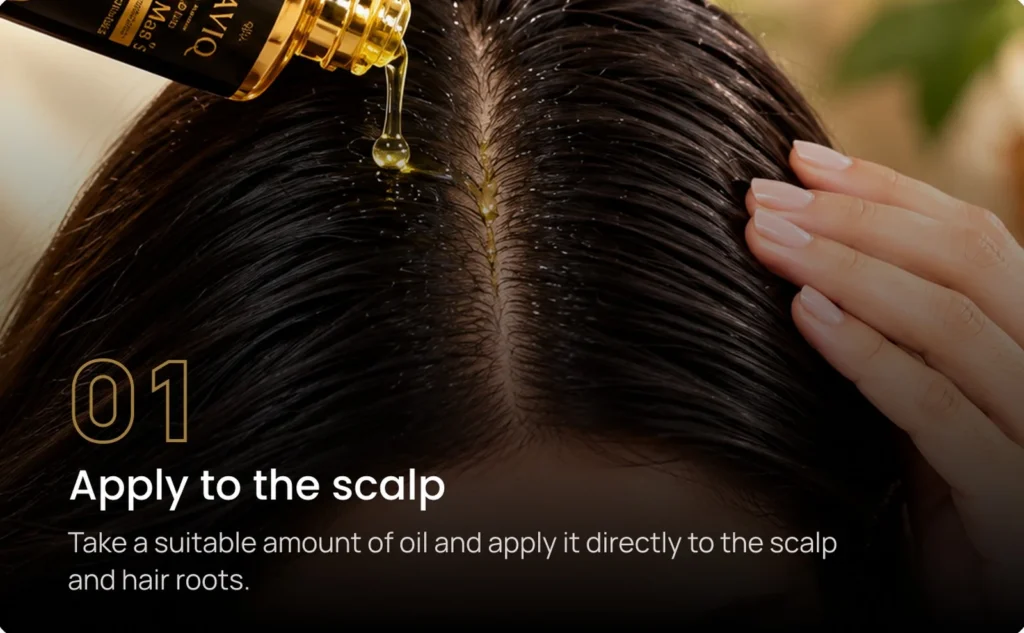 Step 1: apply a suitable amount of Naani Maa’s Hair Growth Oil directly to the scalp and hair roots