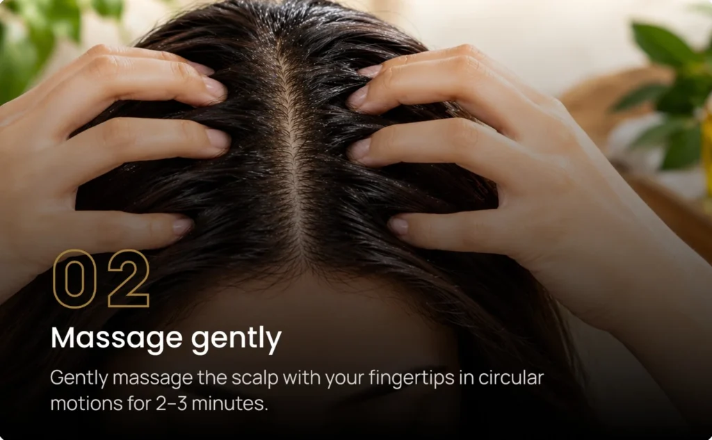 Step 2: gently massage the scalp with your fingertips in circular motions for 2–3 minutes