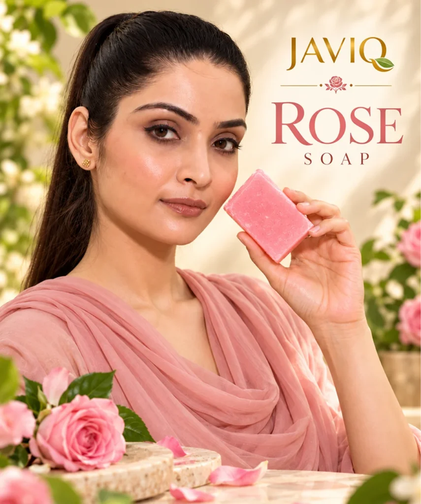 Woman holding a pink JAVIQ Rose handcrafted soap bar among fresh roses